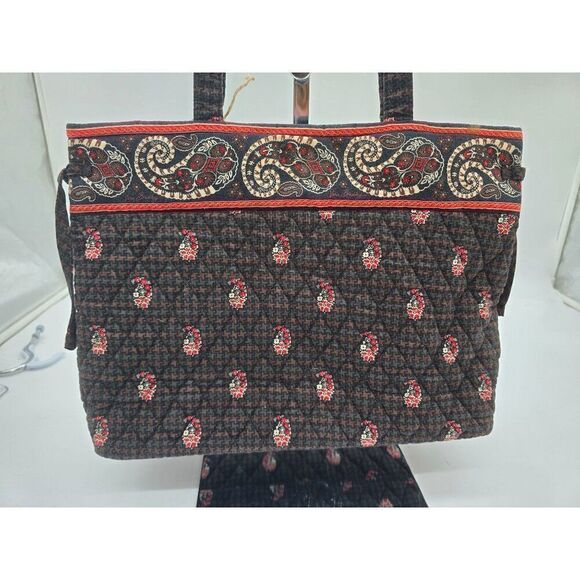 Vera Bradley Quilted Tote Bag and wallet Black Red Paisley Pattern 15" X 10" - Picture 1 of 6